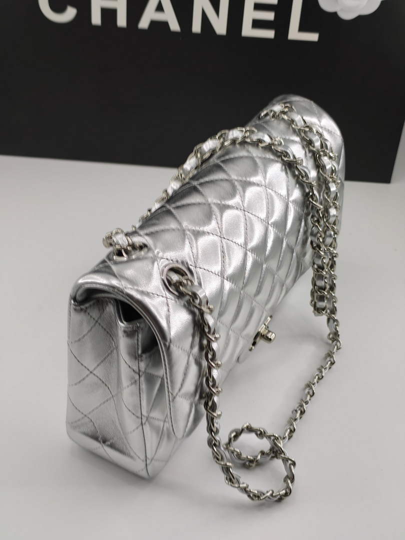 Chanel Classic Handbag, A01112 Silver Lambskin Silver