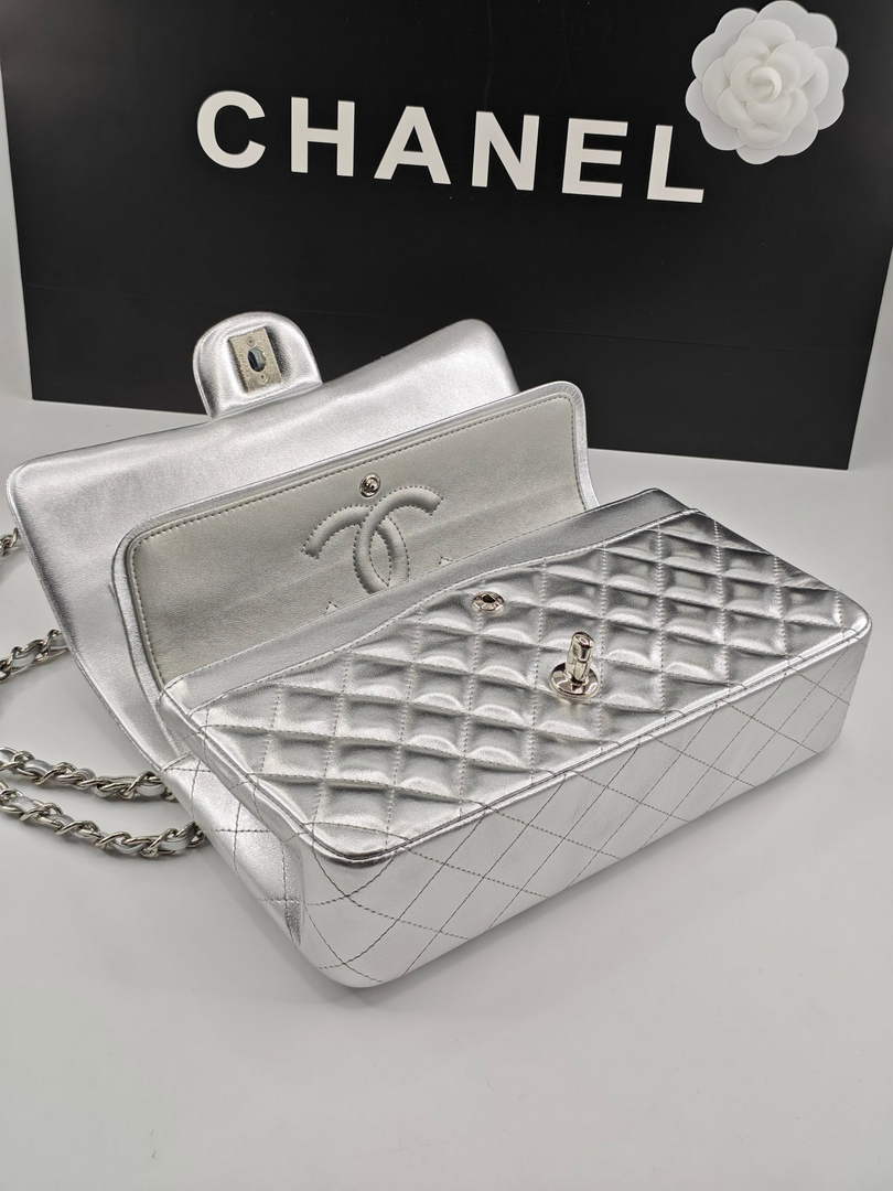 Chanel Classic Handbag, A01112 Silver Lambskin Silver