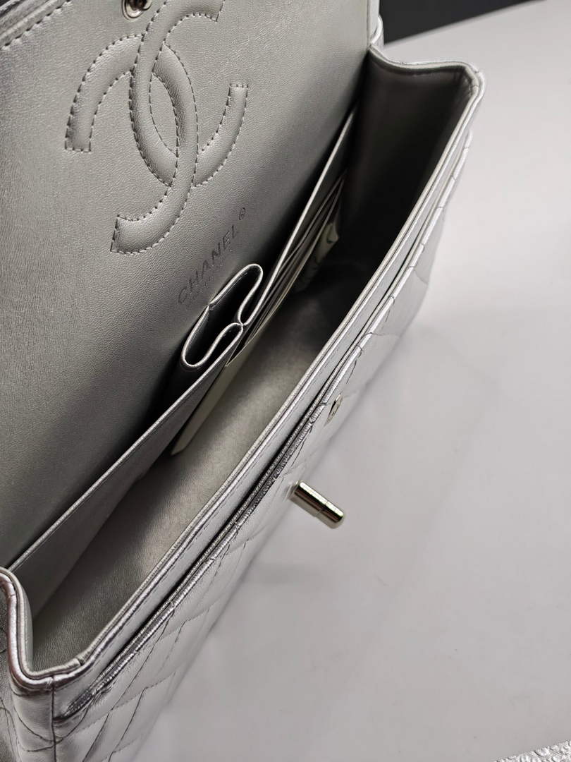 Chanel Classic Handbag, A01112 Silver Lambskin Silver