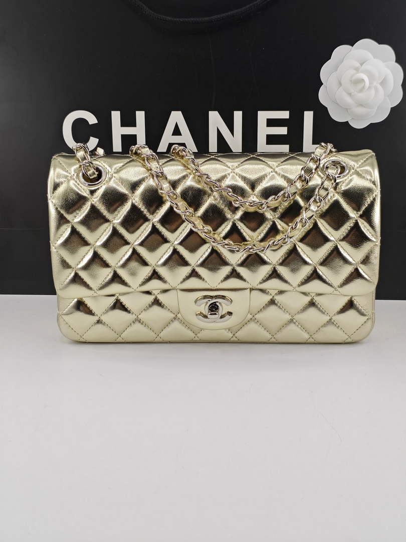 Chanel Classic Handbag, A01112 Gold Lambskin Silver