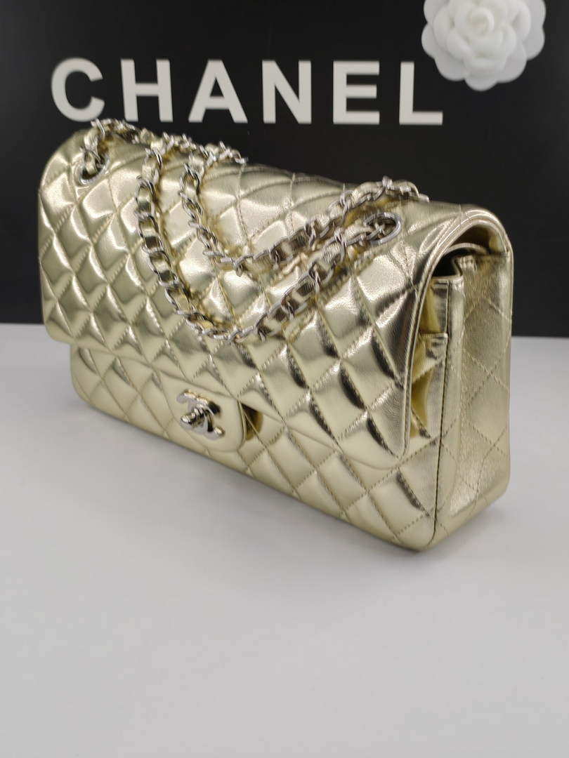 Chanel Classic Handbag, A01112 Gold Lambskin Silver