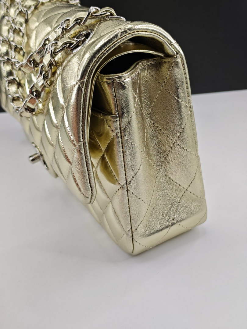 Chanel Classic Handbag, A01112 Gold Lambskin Silver
