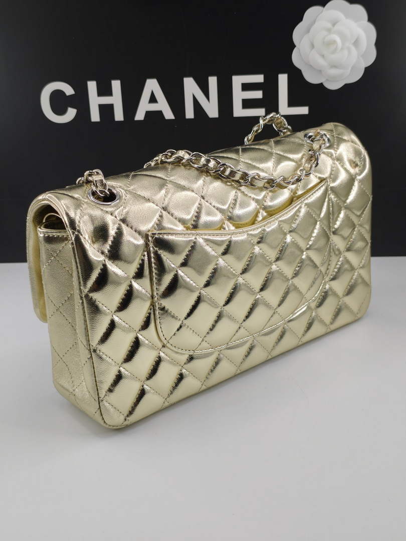 Chanel Classic Handbag, A01112 Gold Lambskin Silver
