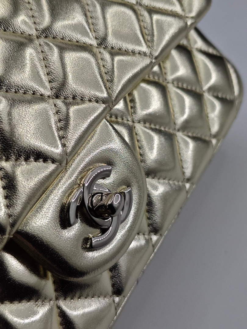 Chanel Classic Handbag, A01112 Gold Lambskin Silver