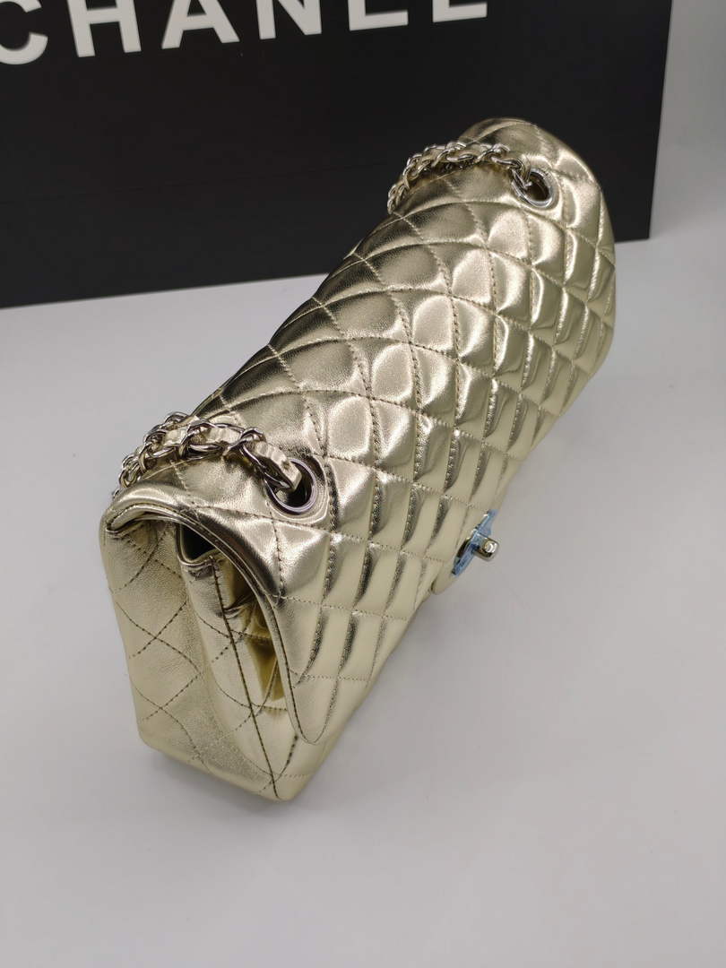 Chanel Classic Handbag, A01112 Gold Lambskin Silver