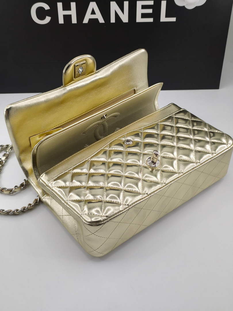 Chanel Classic Handbag, A01112 Gold Lambskin Silver