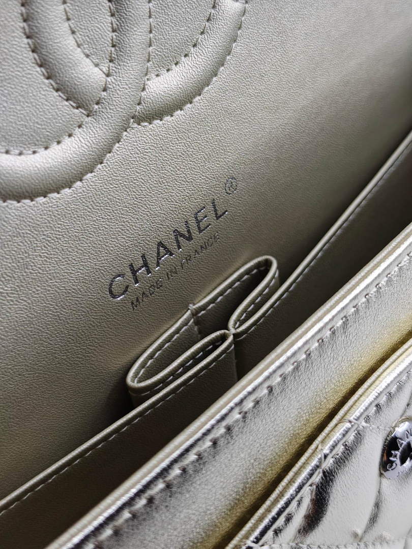 Chanel Classic Handbag, A01112 Gold Lambskin Silver
