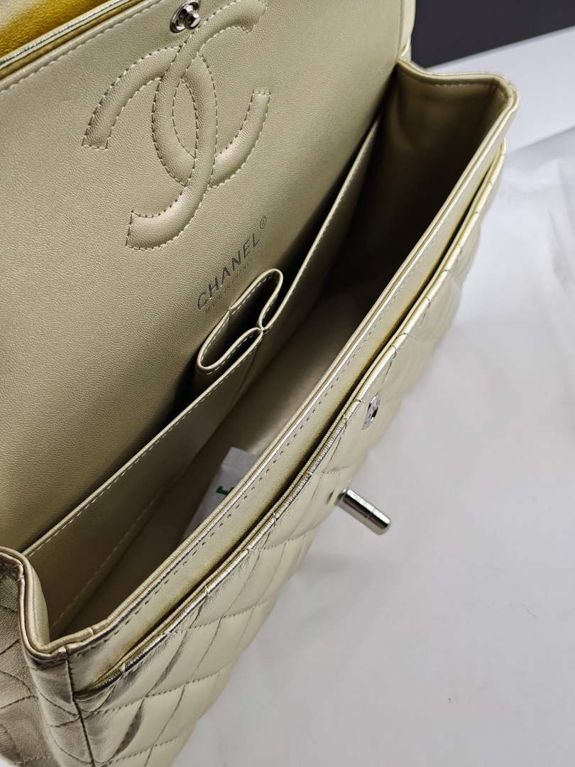Chanel Classic Handbag, A01112 Gold Lambskin Silver
