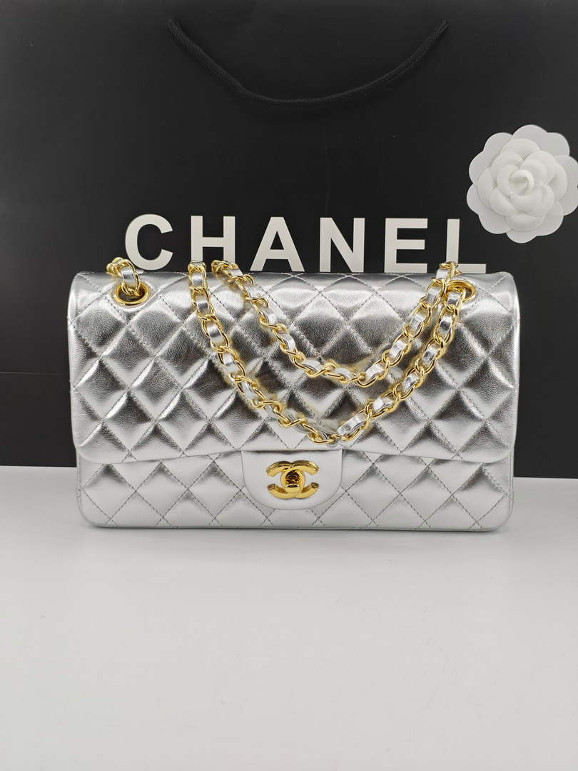 Chanel Classic Handbag, A01112 Silver Lambskin Gold