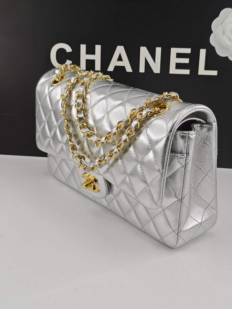Chanel Classic Handbag, A01112 Silver Lambskin Gold