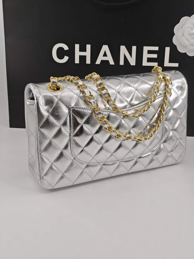 Chanel Classic Handbag, A01112 Silver Lambskin Gold