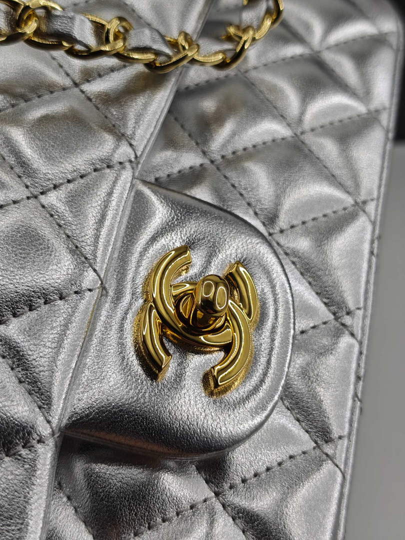 Chanel Classic Handbag, A01112 Silver Lambskin Gold