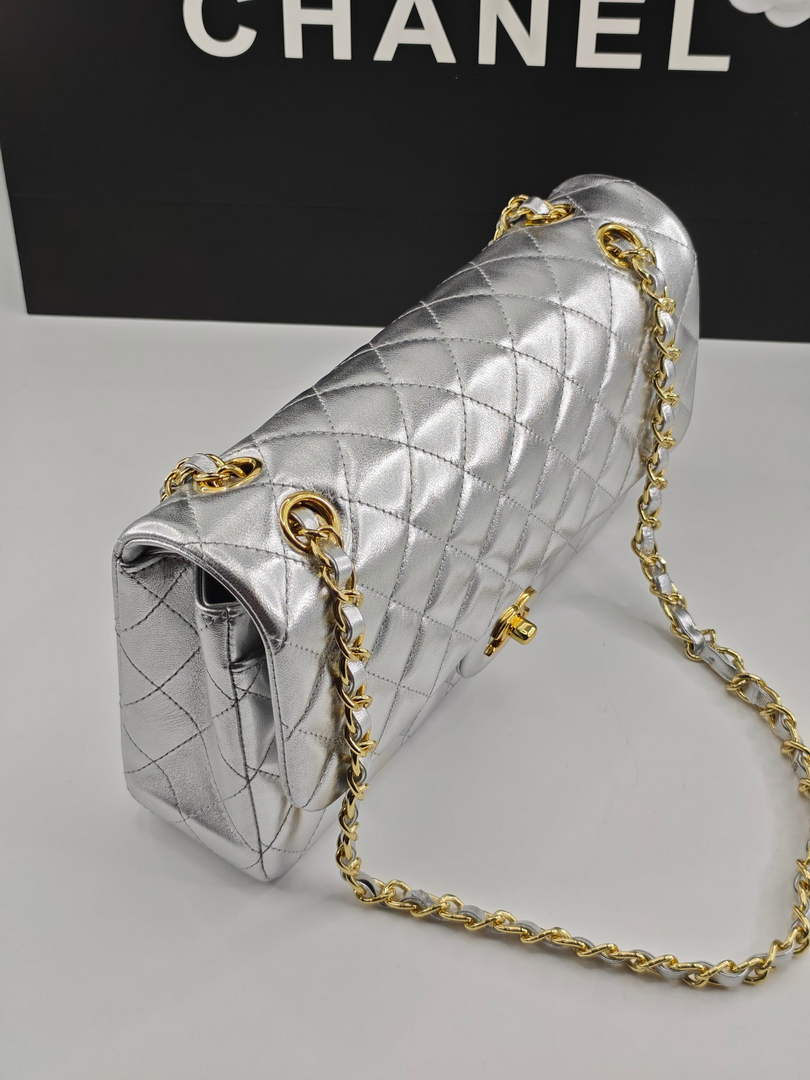Chanel Classic Handbag, A01112 Silver Lambskin Gold