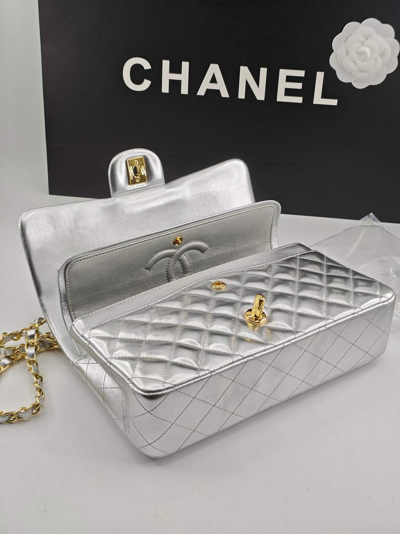 Chanel Classic Handbag, A01112 Silver Lambskin Gold
