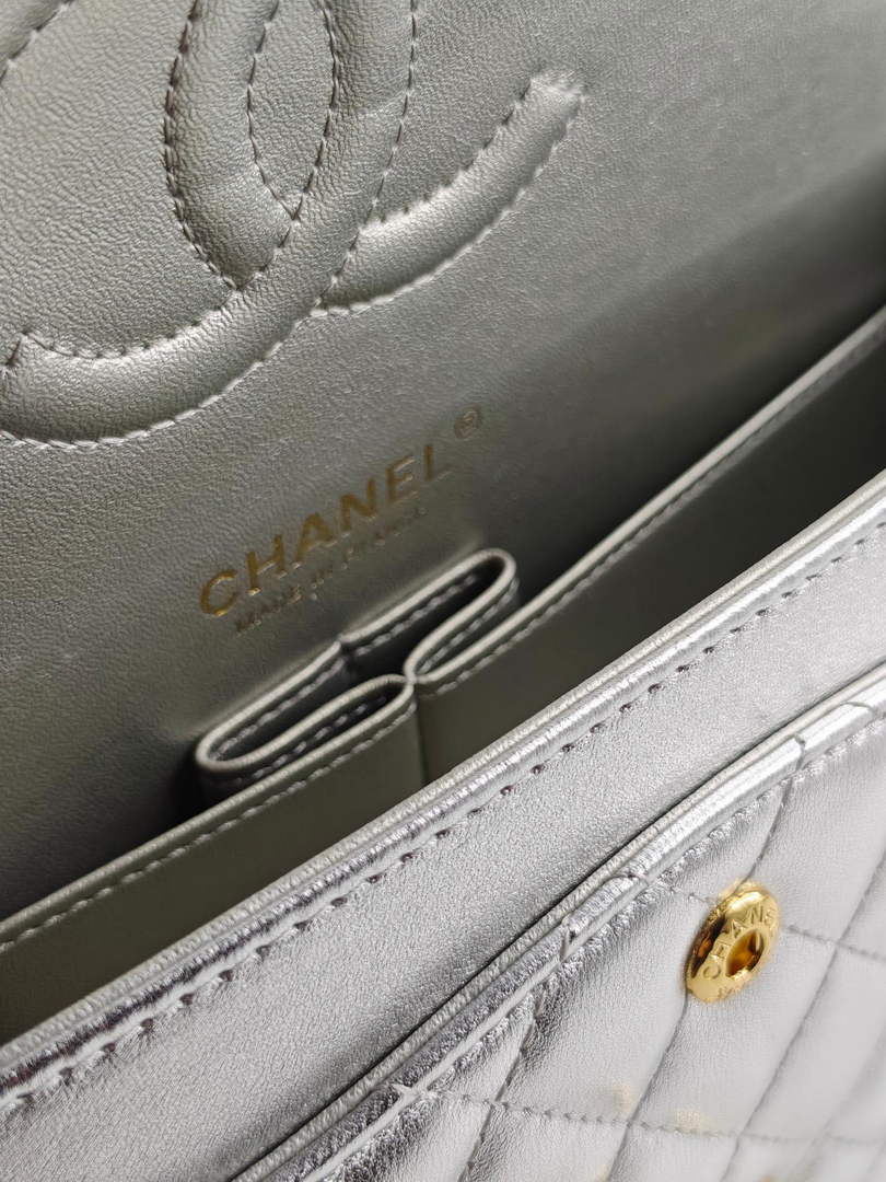 Chanel Classic Handbag, A01112 Silver Lambskin Gold