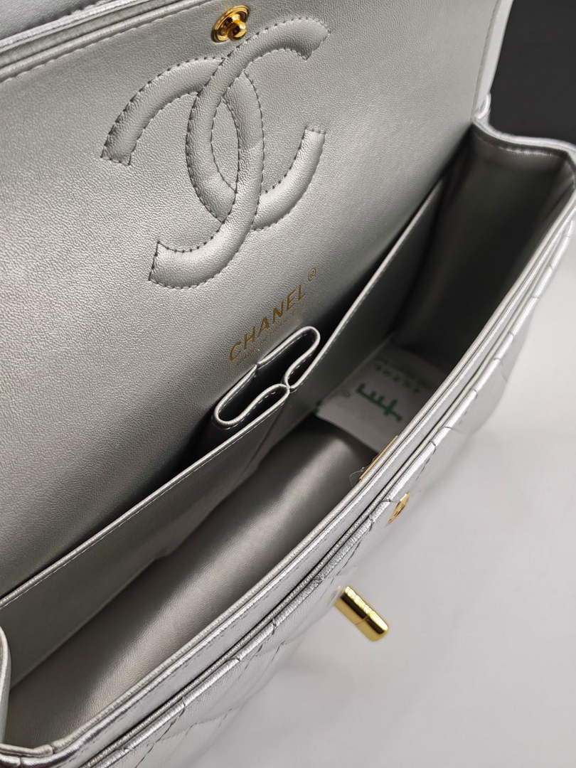 Chanel Classic Handbag, A01112 Silver Lambskin Gold