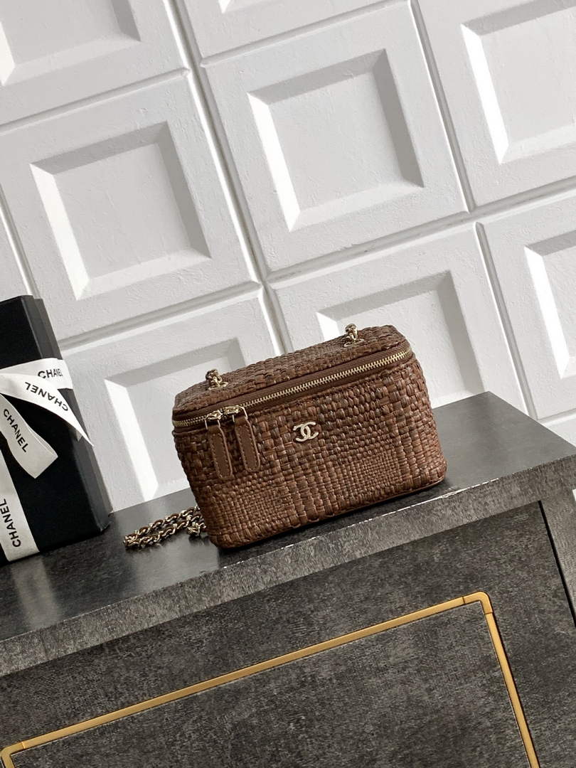 Chanel Classic Long Vanity with Chain, AP1341 Braided Raffia Brown