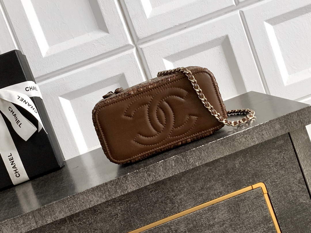 Chanel Classic Long Vanity with Chain, AP1341 Braided Raffia Brown
