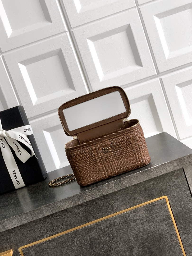 Chanel Classic Long Vanity with Chain, AP1341 Braided Raffia Brown