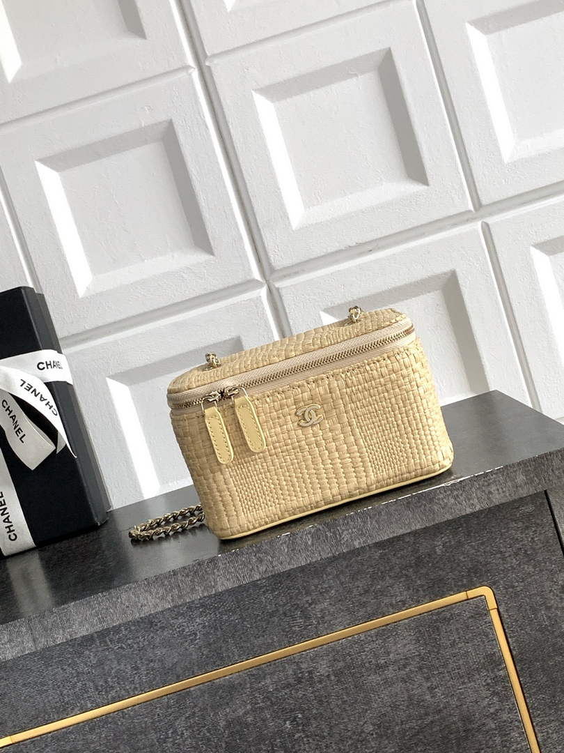 Chanel Classic Long Vanity with Chain, AP1341 Braided Raffia Apricot