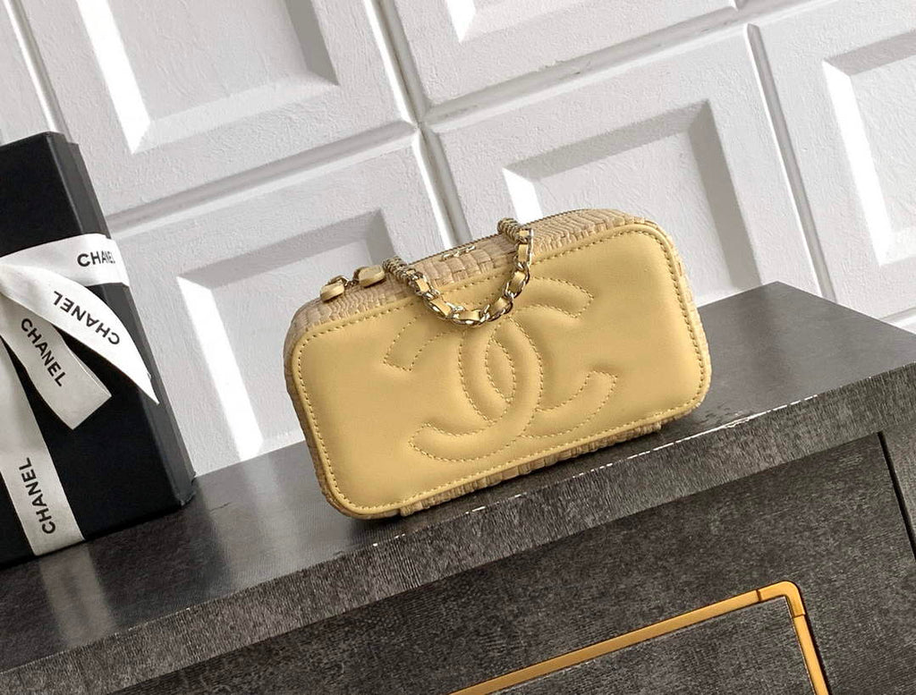 Chanel Classic Long Vanity with Chain, AP1341 Braided Raffia Apricot