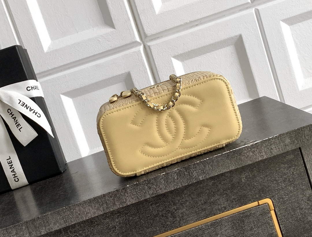 Chanel Classic Long Vanity with Chain, AP1341 Braided Raffia Apricot