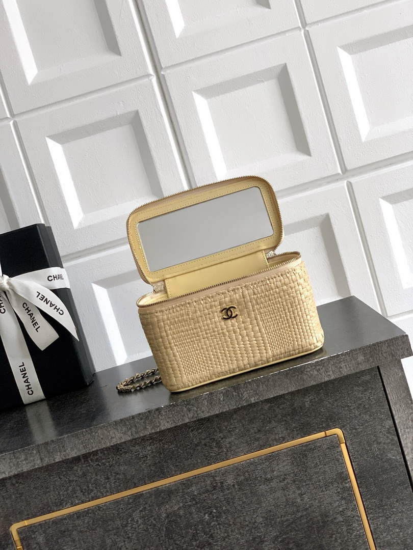Chanel Classic Long Vanity with Chain, AP1341 Braided Raffia Apricot