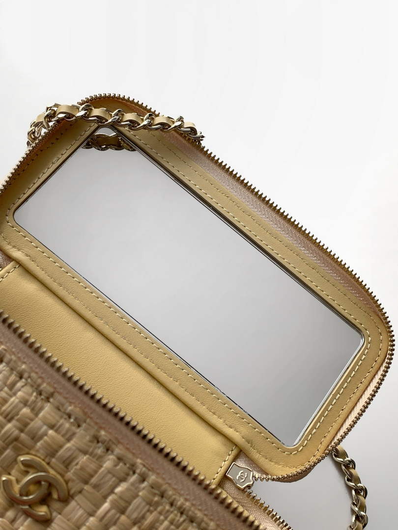 Chanel Classic Long Vanity with Chain, AP1341 Braided Raffia Apricot