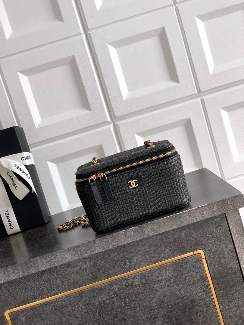Chanel Classic Long Vanity with Chain, AP1341 Braided Raffia Black
