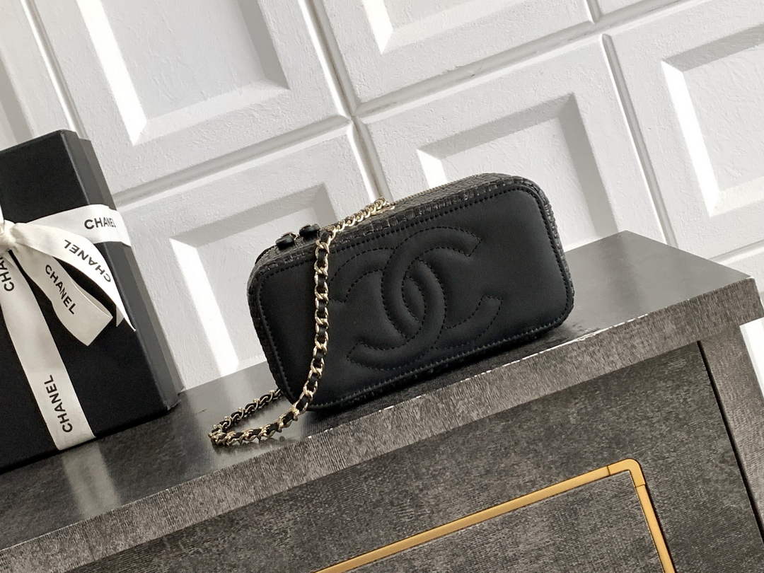 Chanel Classic Long Vanity with Chain, AP1341 Braided Raffia Black