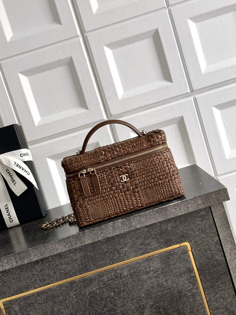 Chanel Classic Vanity with Chain, AP4385 Braided Raffia Brown