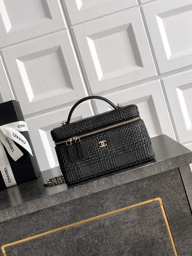 Chanel Classic Vanity with Chain, AP4385 Braided Raffia Black