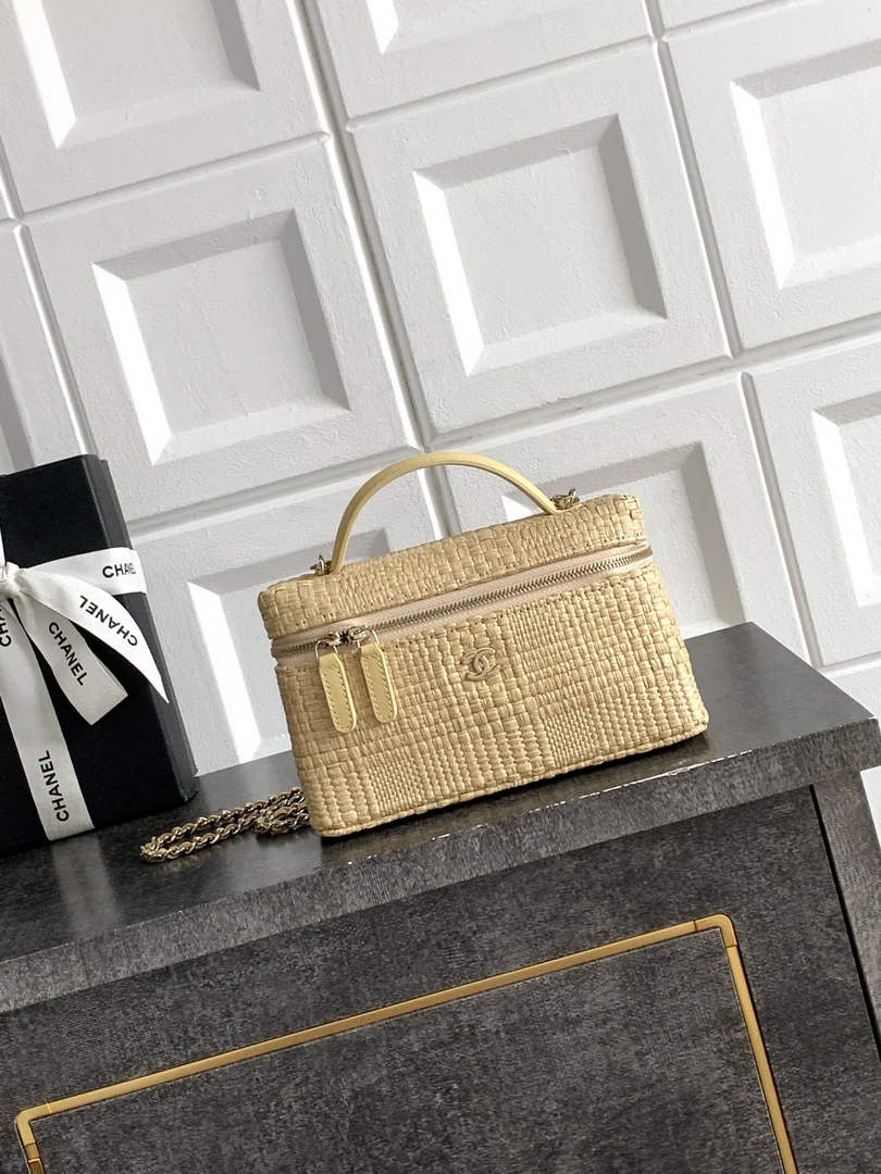 Chanel Classic Vanity with Chain, AP4385 Braided Raffia Apricot