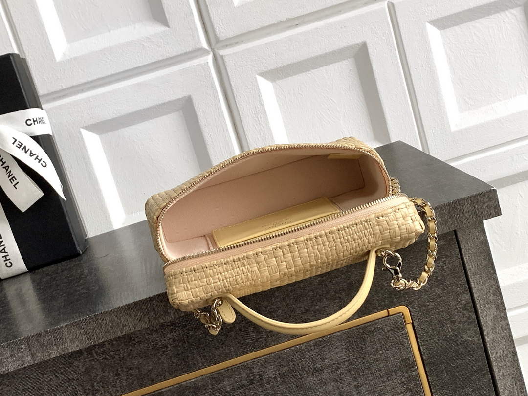 Chanel Classic Vanity with Chain, AP4385 Braided Raffia Apricot