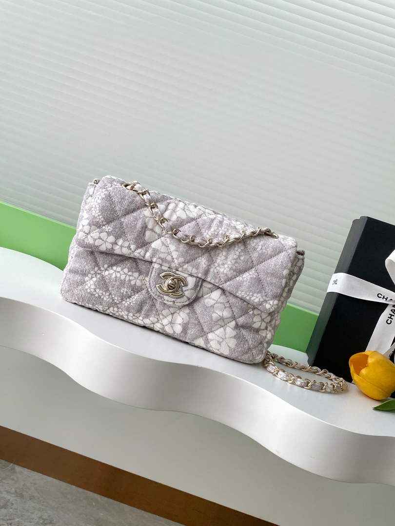 Chanel Denim Flap Bag with Gold-Tone Hardware, Grey & White AS5454 - Default Title - View 1