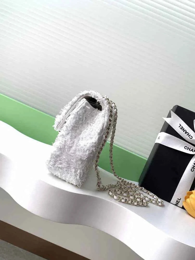 Chanel Flap bag, Fringed sequins,  AS4561 White