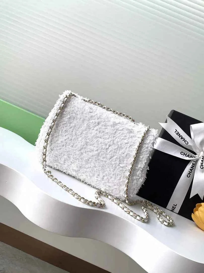 Chanel Flap bag, Fringed sequins,  AS4561 White