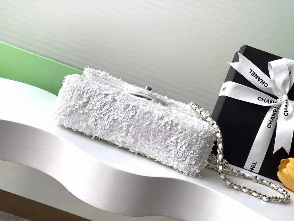 Chanel Flap bag, Fringed sequins,  AS4561 White