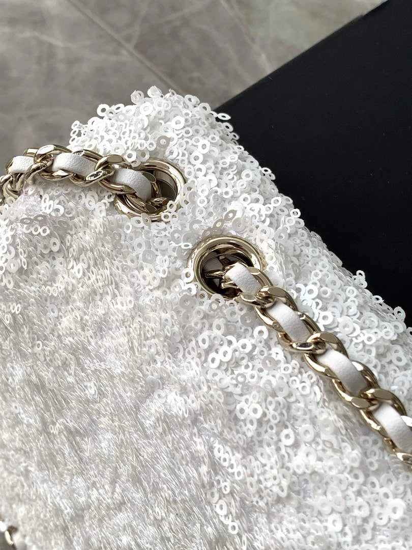 Chanel Flap bag, Fringed sequins,  AS4561 White
