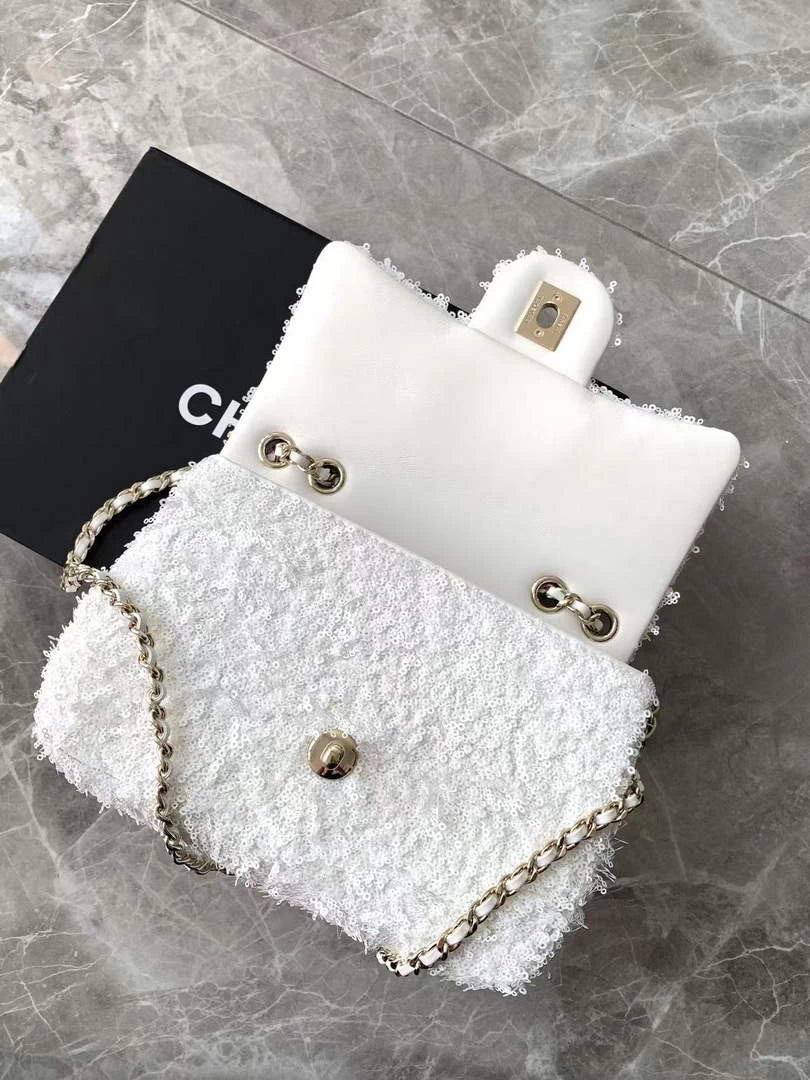 Chanel Flap bag, Fringed sequins,  AS4561 White