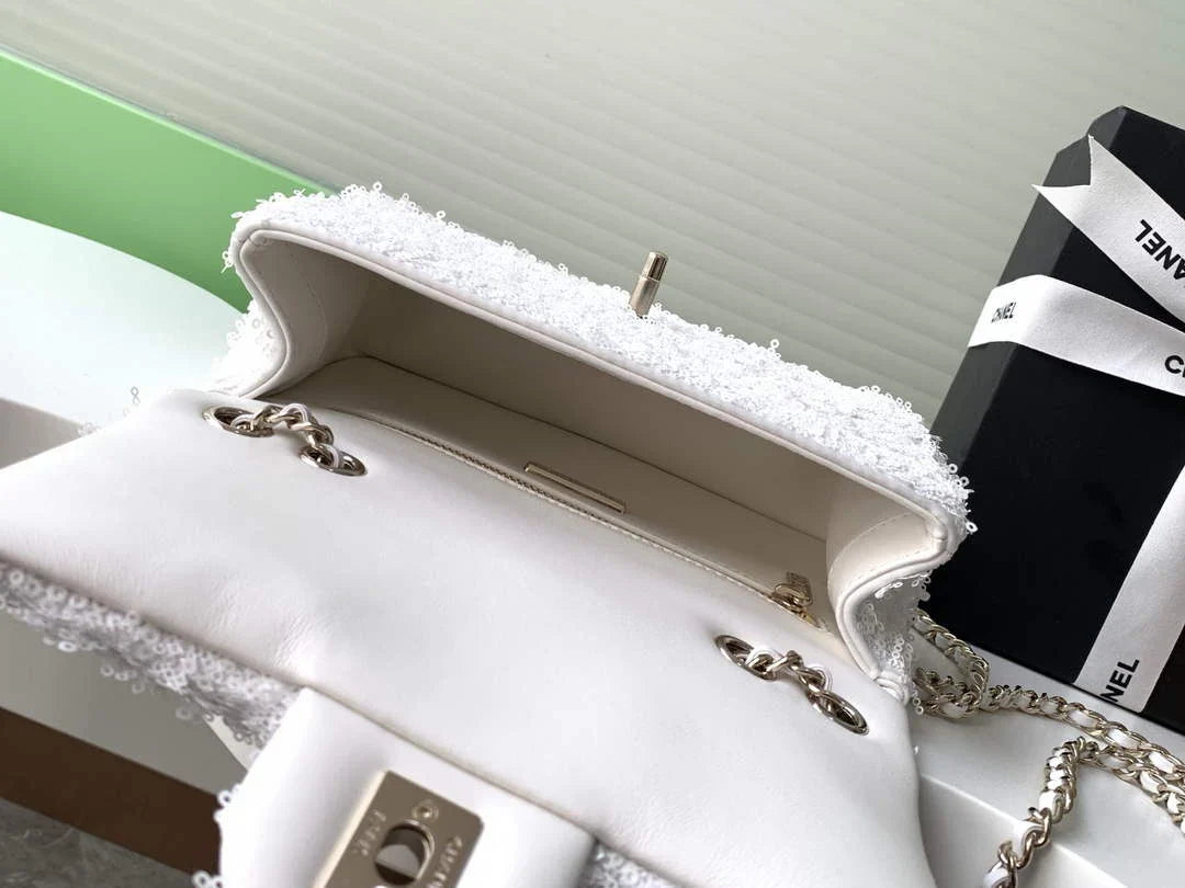 Chanel Flap bag, Fringed sequins,  AS4561 White