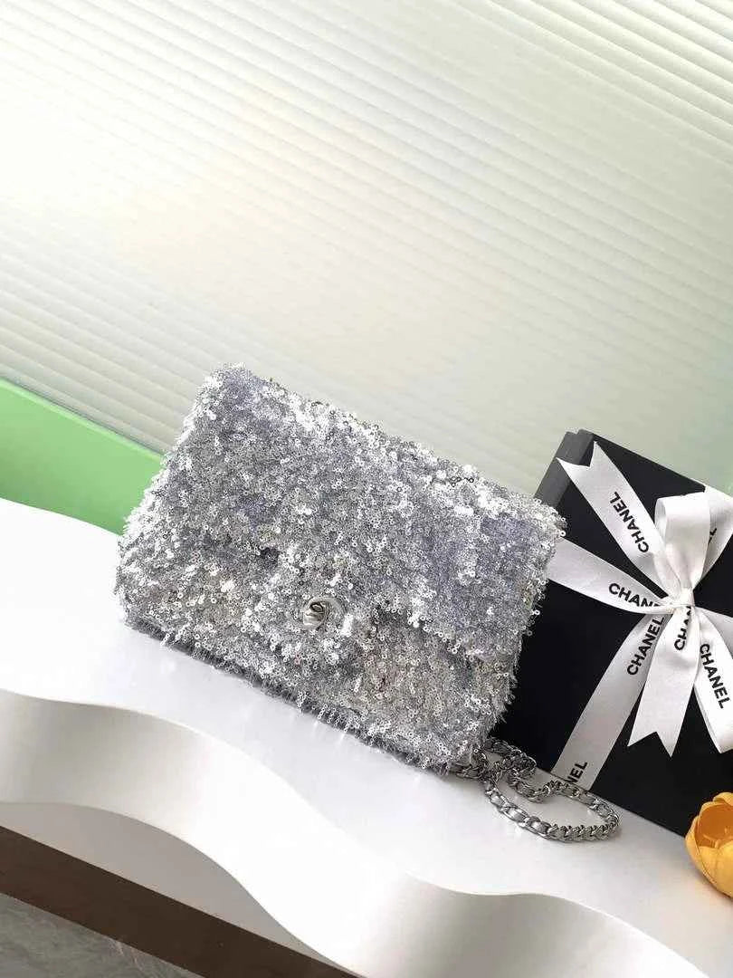 Chanel Flap bag, Fringed sequins,  AS4561 Silver
