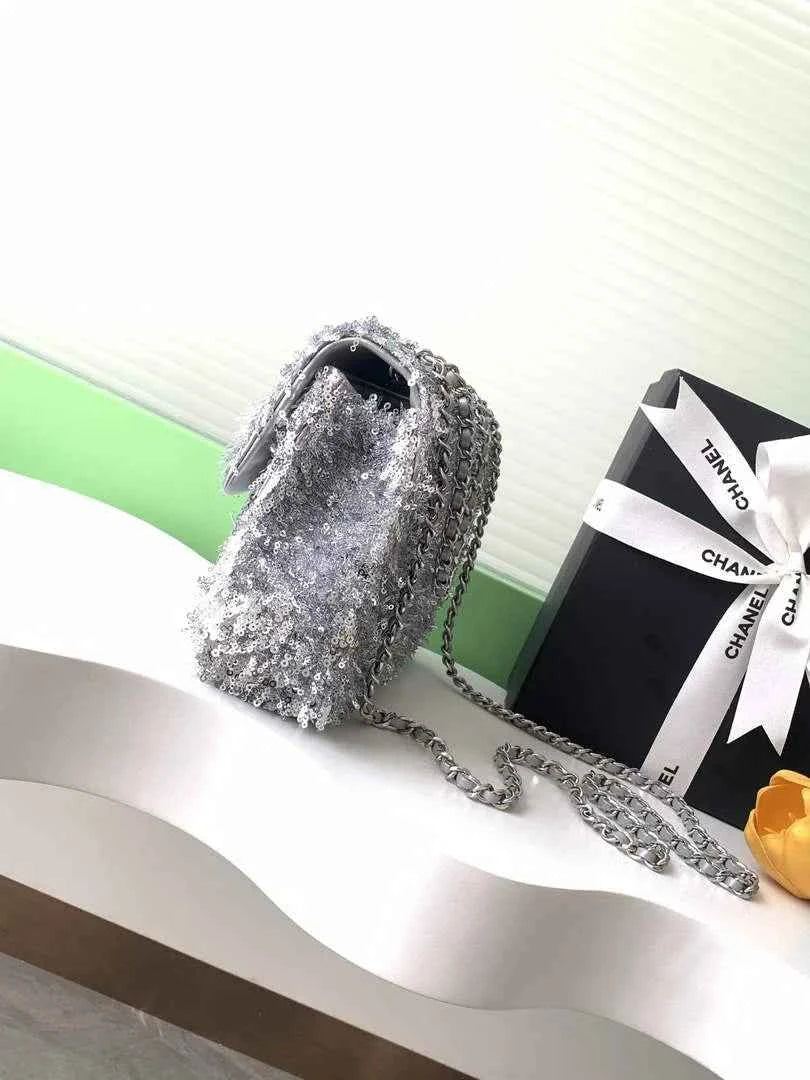Chanel Flap bag, Fringed sequins,  AS4561 Silver