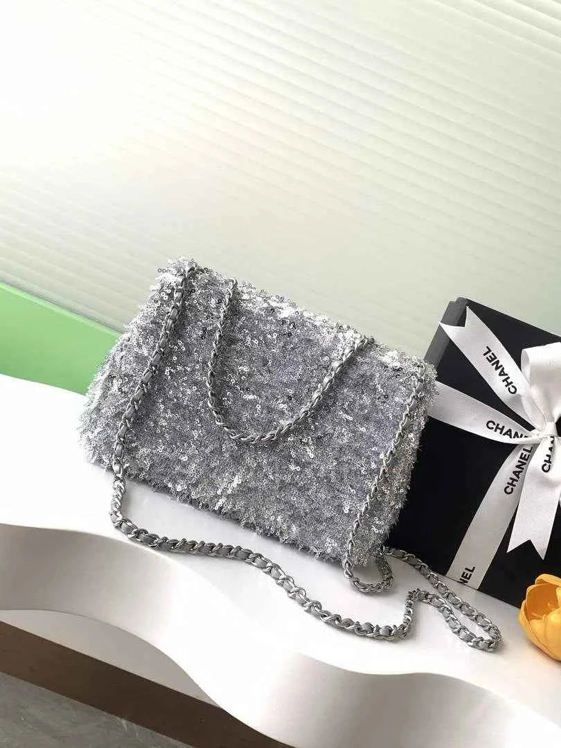 Chanel Flap bag, Fringed sequins,  AS4561 Silver