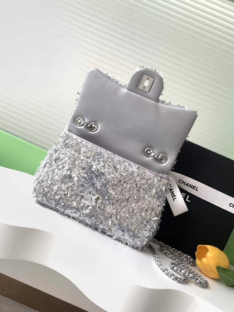Chanel Flap bag, Fringed sequins,  AS4561 Silver
