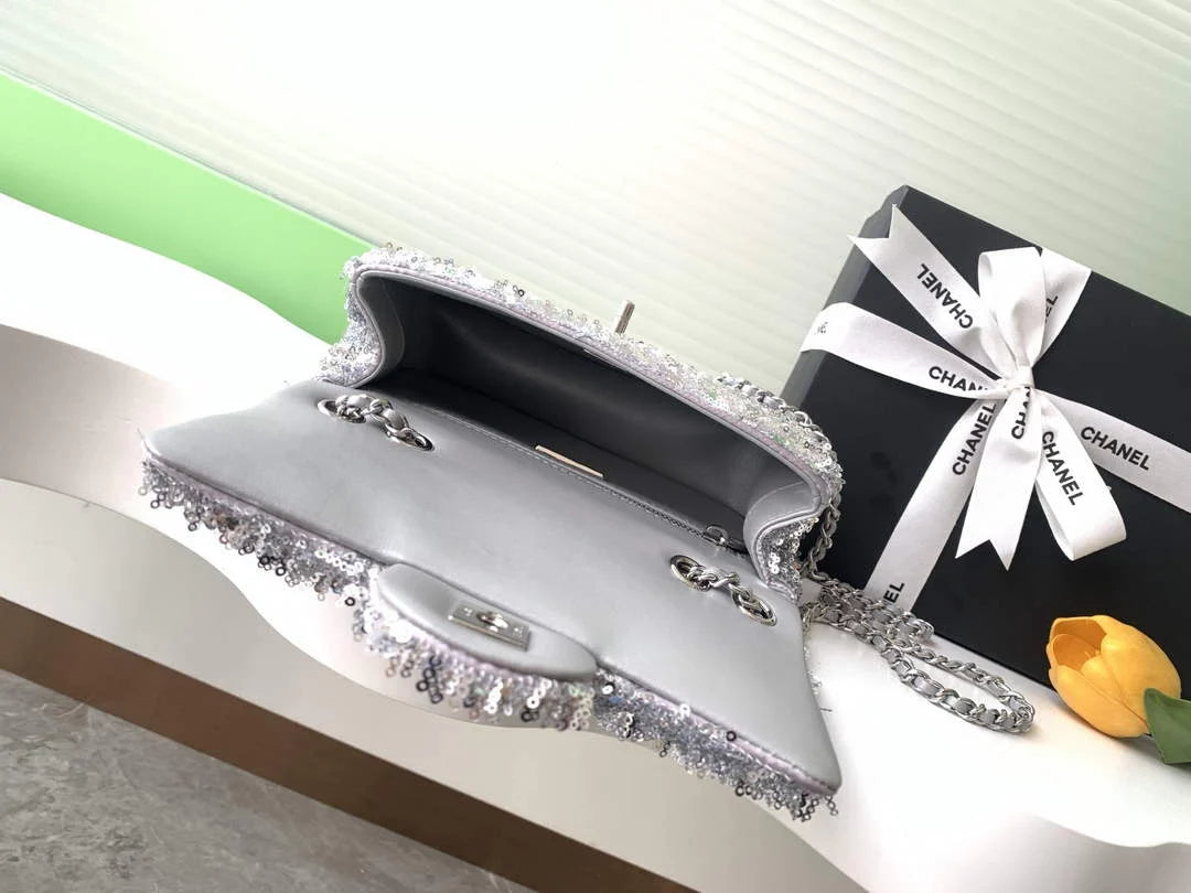 Chanel Flap bag, Fringed sequins,  AS4561 Silver