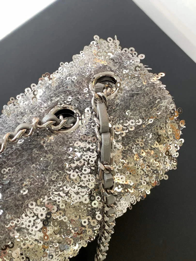 Chanel Flap bag, Fringed sequins,  AS4561 Silver
