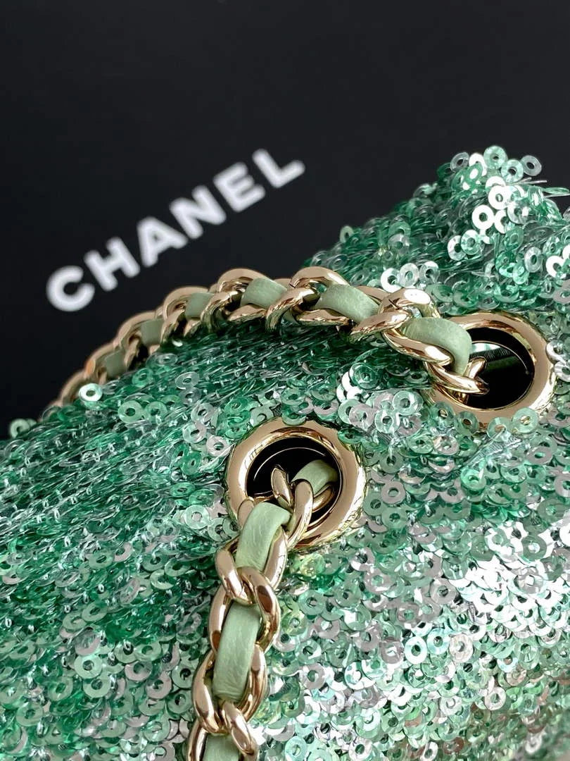Chanel Flap bag, Fringed sequins,  AS4561 Green