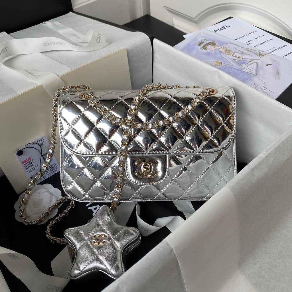 Chanel Flap bag star coin purse AS4648 Mirror calfskin Silver