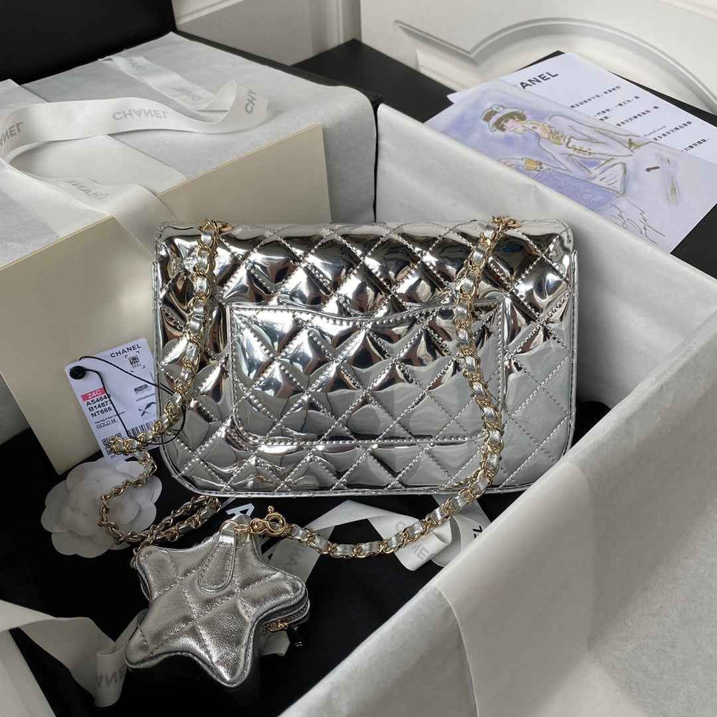Chanel Flap bag star coin purse AS4648 Mirror calfskin Silver
